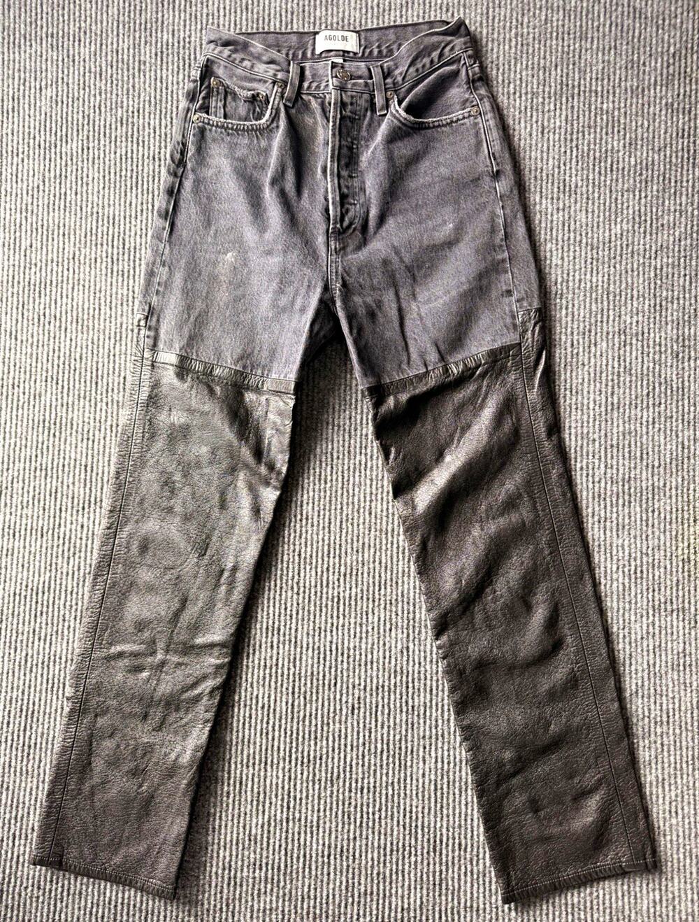 AGOLDE Pieced 90's Pinch Waist Jeans Size 24 Leather Panel Black Howl